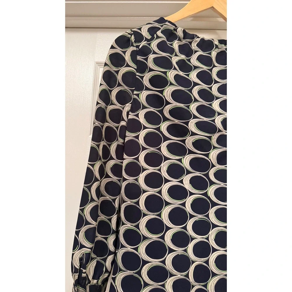 Moulinette Soeurs Dress Women 0 Navy Blue Geometric Circle Ruffle Tie Neck Shift